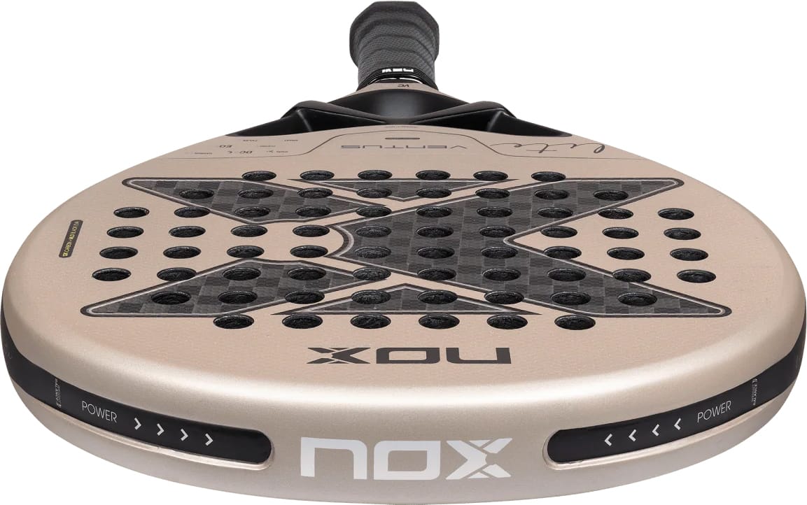 A beige and black NOX Ventus Hybrid 12K Lite 2027 padel racket featuring a teardrop-shaped head and a perforated 12K carbon face.