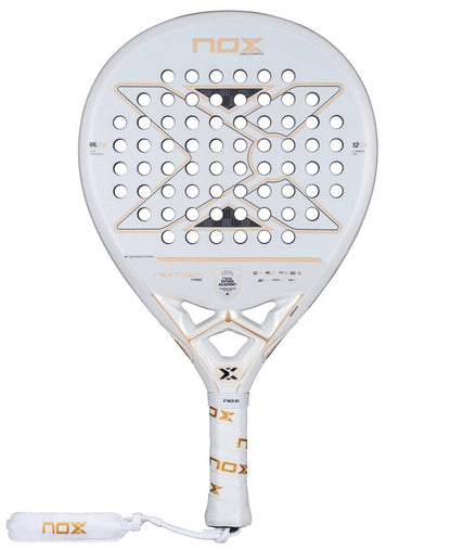 The NOX NextGen Pro Hybrid 12K NFA 2026 padel racket features a white design with gold and black accents, geometric patterns, a perforated surface, “NOX” grip, wrist strap, and hybrid shape crafted with 12K Carbon for top performance.