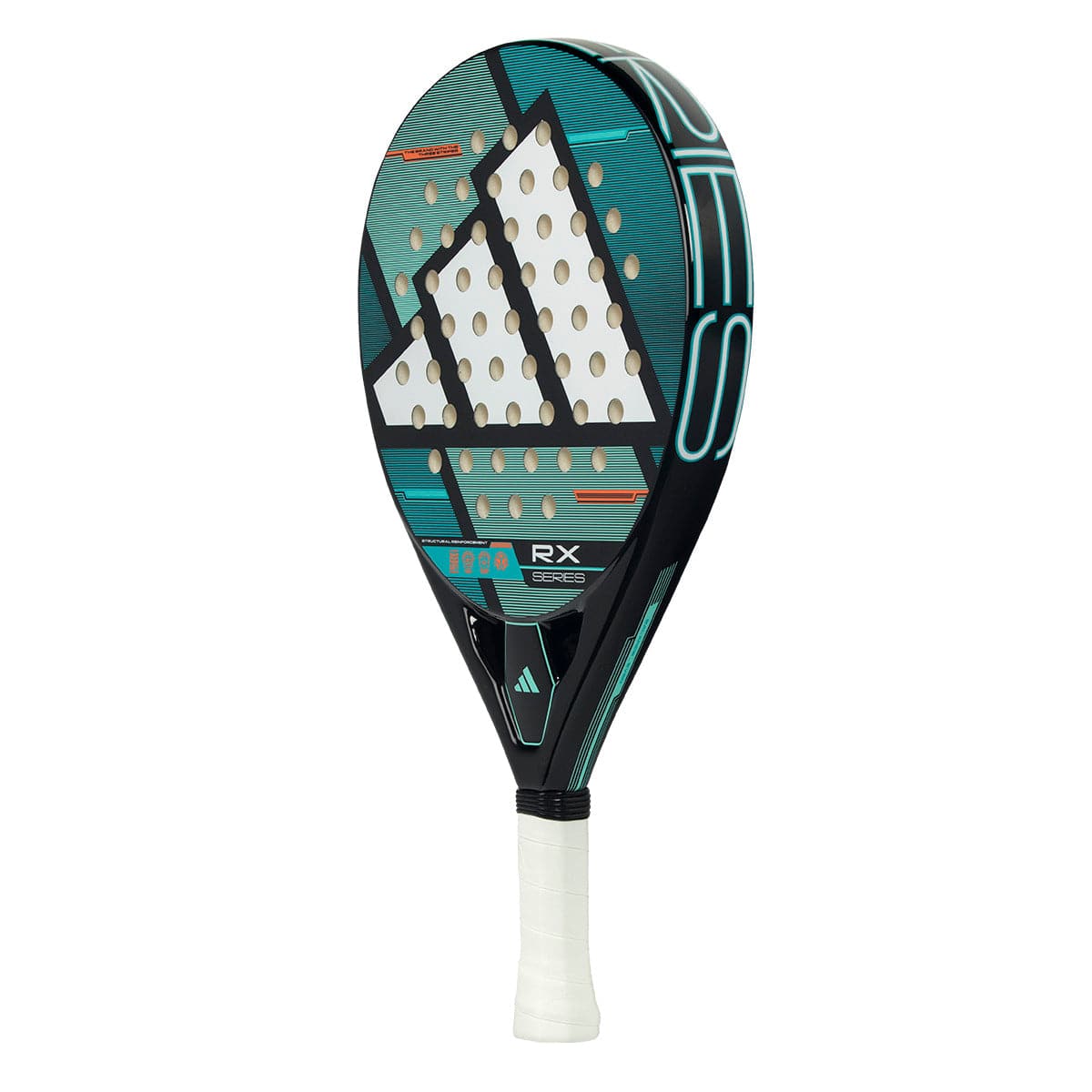The adidas RX Series 2026 Padel Racket - Black / Green features a fibreglass face, large adidas logo, geometric patterns, white grip, multiple round holes on the face, and model details near the handle.