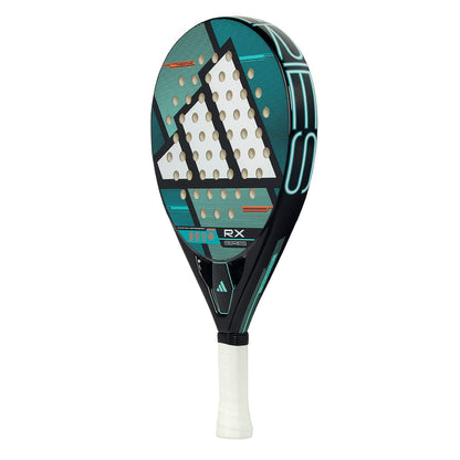 The adidas RX Series 2026 Padel Racket - Black / Green features a fibreglass face, large adidas logo, geometric patterns, white grip, multiple round holes on the face, and model details near the handle.