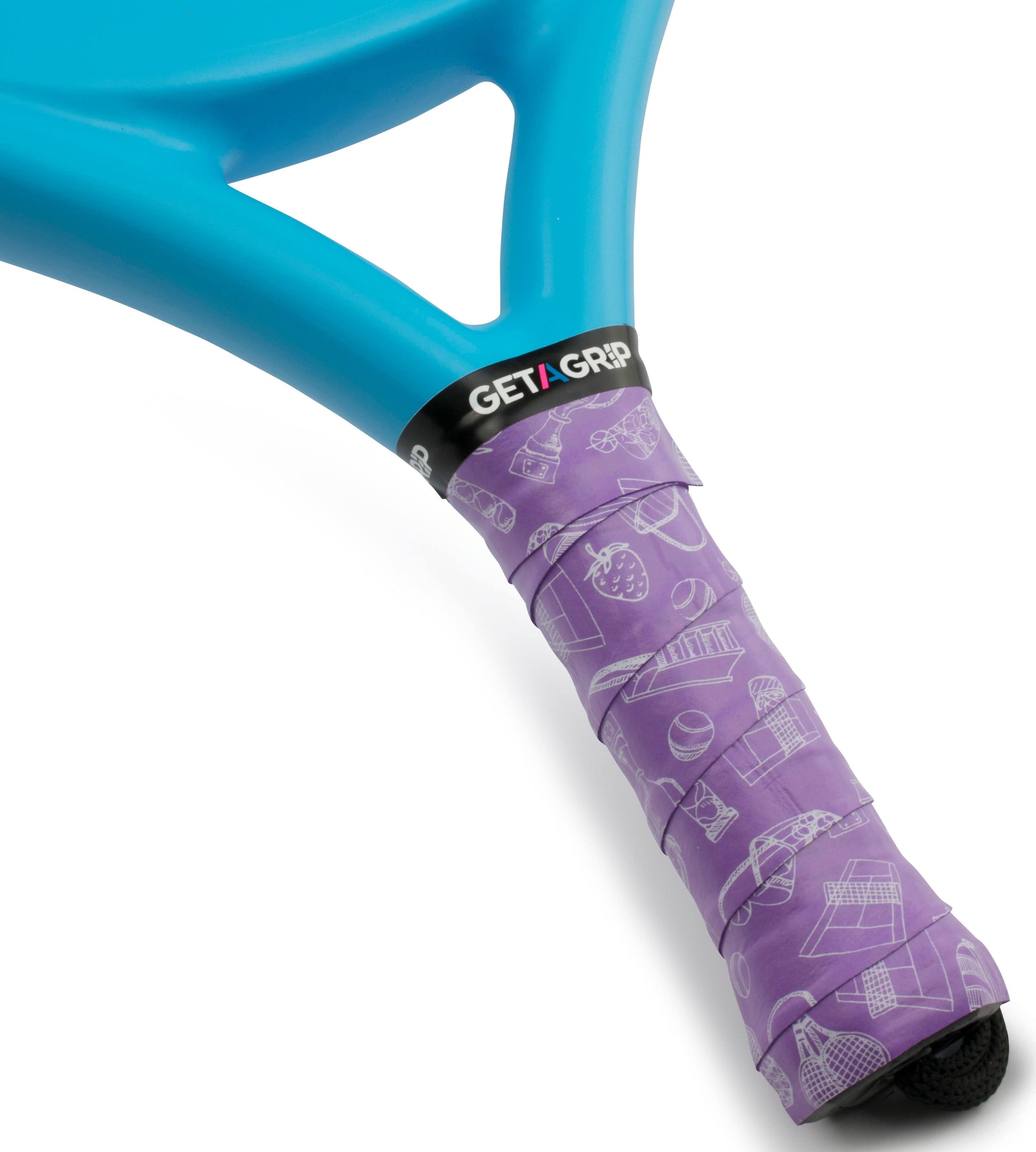 Close-up of the Get a Grip Padel Overgrip - Ready? Play by Get A Grip—a blue tennis racket with a purple overgrip, decorated with white food illustrations and "GET A GRIP" near the handle. Makes an original padel gift.