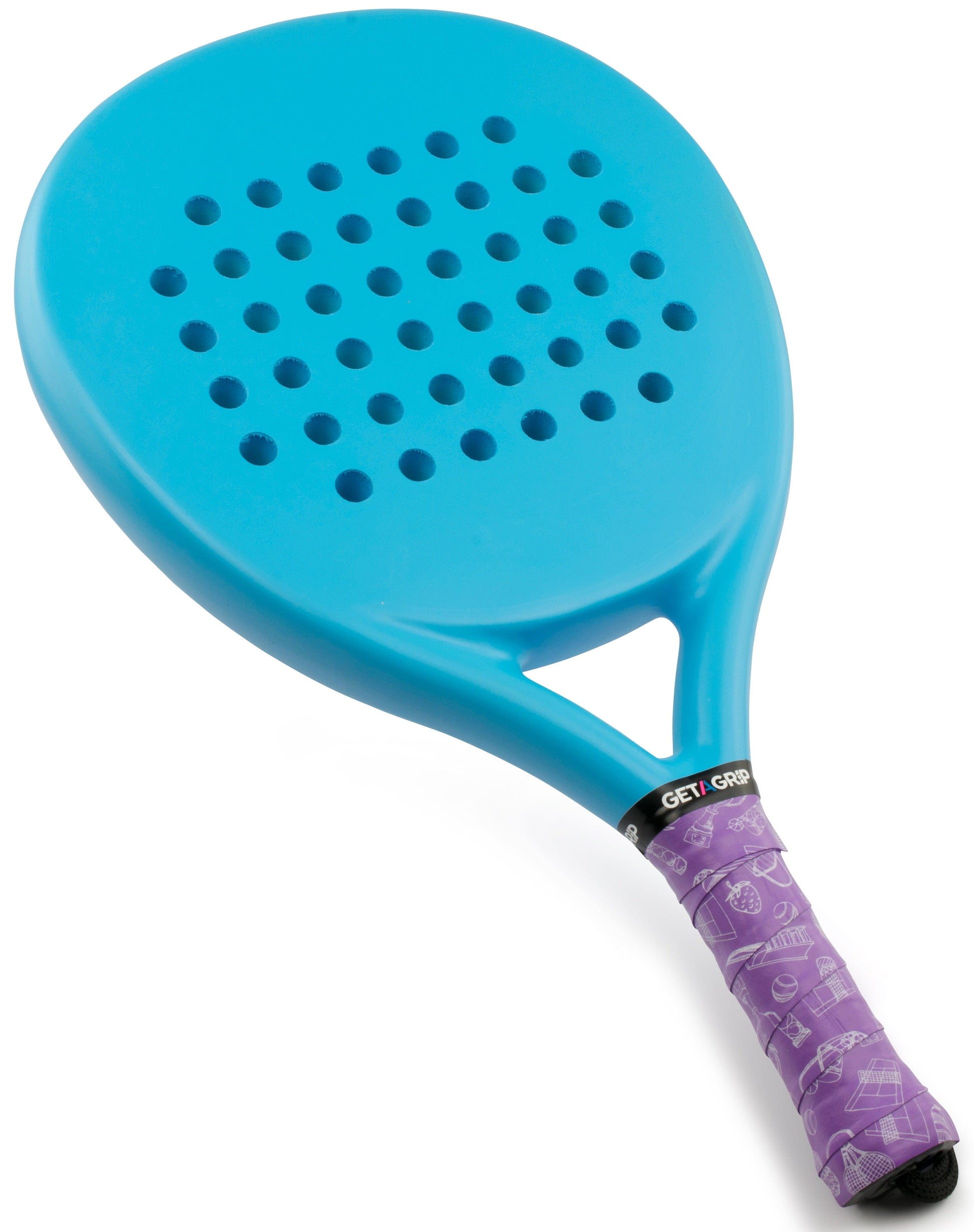 A blue pickleball paddle with multiple holes and a "GET A GRIP" label pairs with the Get a Grip Padel Overgrip - Ready? Play by Get A Grip, featuring a purple design with white graphics—an ideal gift for padel enthusiasts.