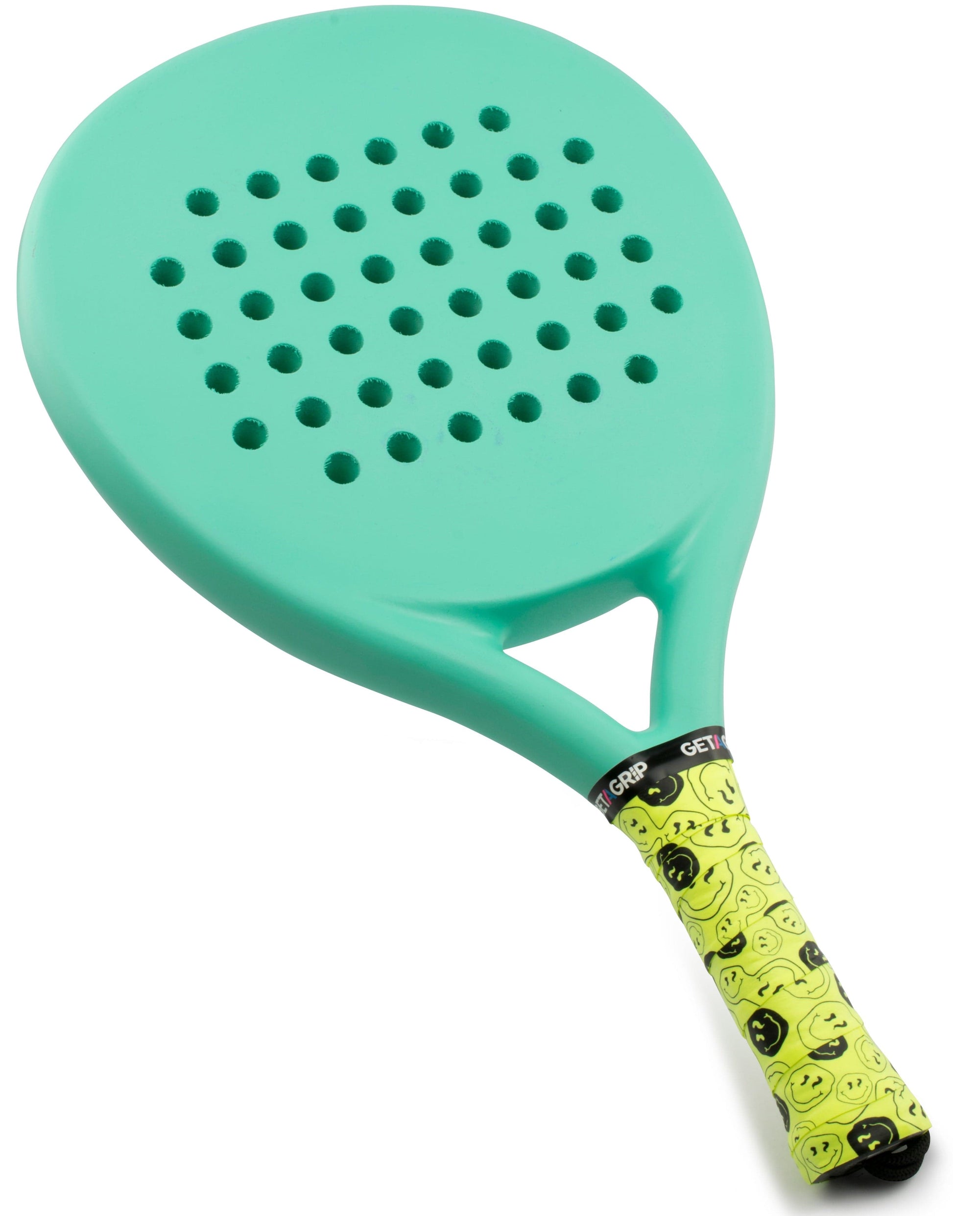 The Get a Grip Padel Overgrip - Smiley by Get A Grip is a yellow premium padel grip with black smiley faces and "GET A GRIP" text, designed for paddles with rounded, perforated heads.