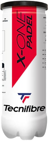 A tube of Tecnifibre X-One Padel Balls (3 balls) features XD-Core technology for top performance, with a white, red, and black design and bold Tecnifibre branding—ideal for competitive padel play.