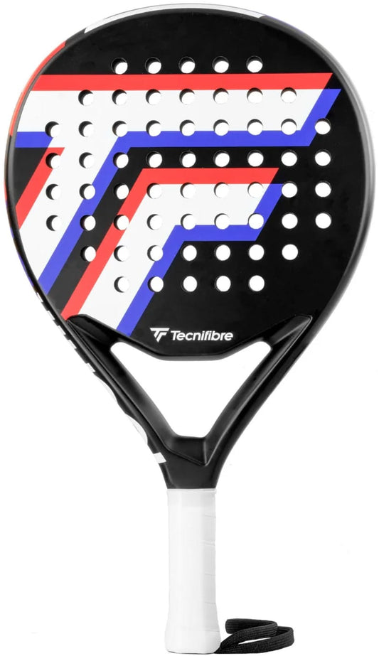 The Tecnifibre Wall Master 355 Padel Racket from Tecnifibre showcases a sleek black frame accented with red, white, and blue geometric stripes. It features multiple round holes for optimal performance and is equipped with a comfortable white grip. Constructed from durable graphite, this racket displays the Tecnifibre logo near the throat, providing a stylish finishing touch.