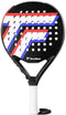 The Tecnifibre Wall Master 355 Padel Racket from Tecnifibre showcases a sleek black frame accented with red, white, and blue geometric stripes. It features multiple round holes for optimal performance and is equipped with a comfortable white grip. Constructed from durable graphite, this racket displays the Tecnifibre logo near the throat, providing a stylish finishing touch.