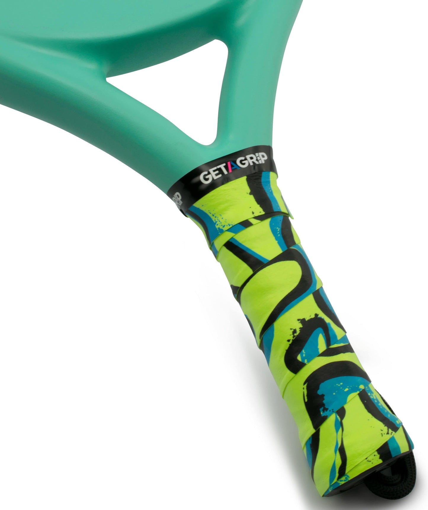 Close-up of a light green pickleball paddle with a black "Get A Grip" band and handle wrapped in Get A Grip Padel Overgrip - The Flow, featuring blue and black swirls on a yellow-green background.