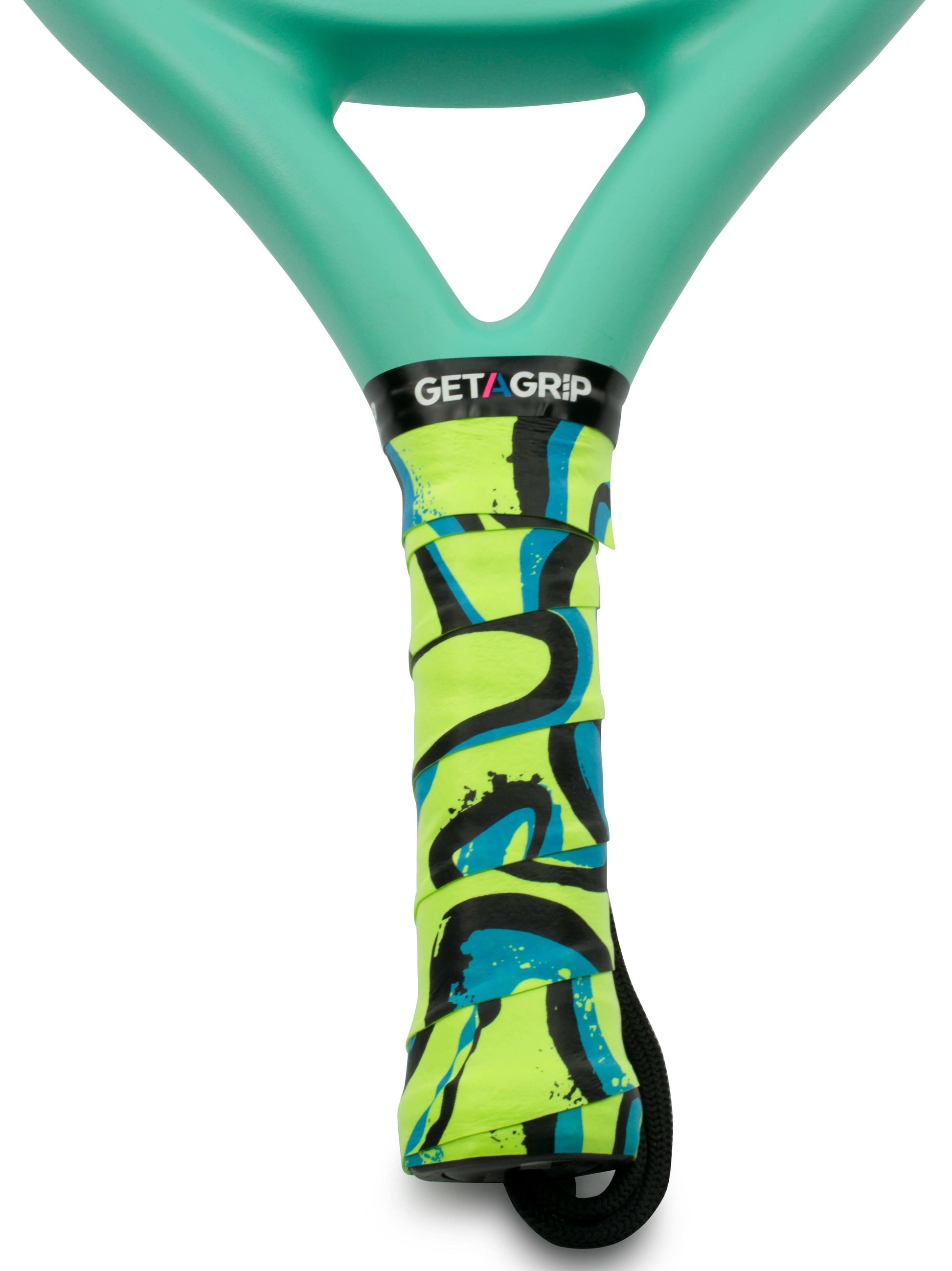 Close-up of Get A Grip Padel Overgrip - The Flow, featuring blue and black abstract patterns on neon yellow. "GET A GRIP" is labeled near the top, making it a unique gift for padel players.