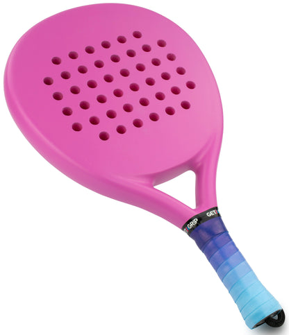 A pink padel racket with a perforated face and a handle wrapped in Get A Grip's Wavy Padel Overgrip in blue and purple, placed on a white background.