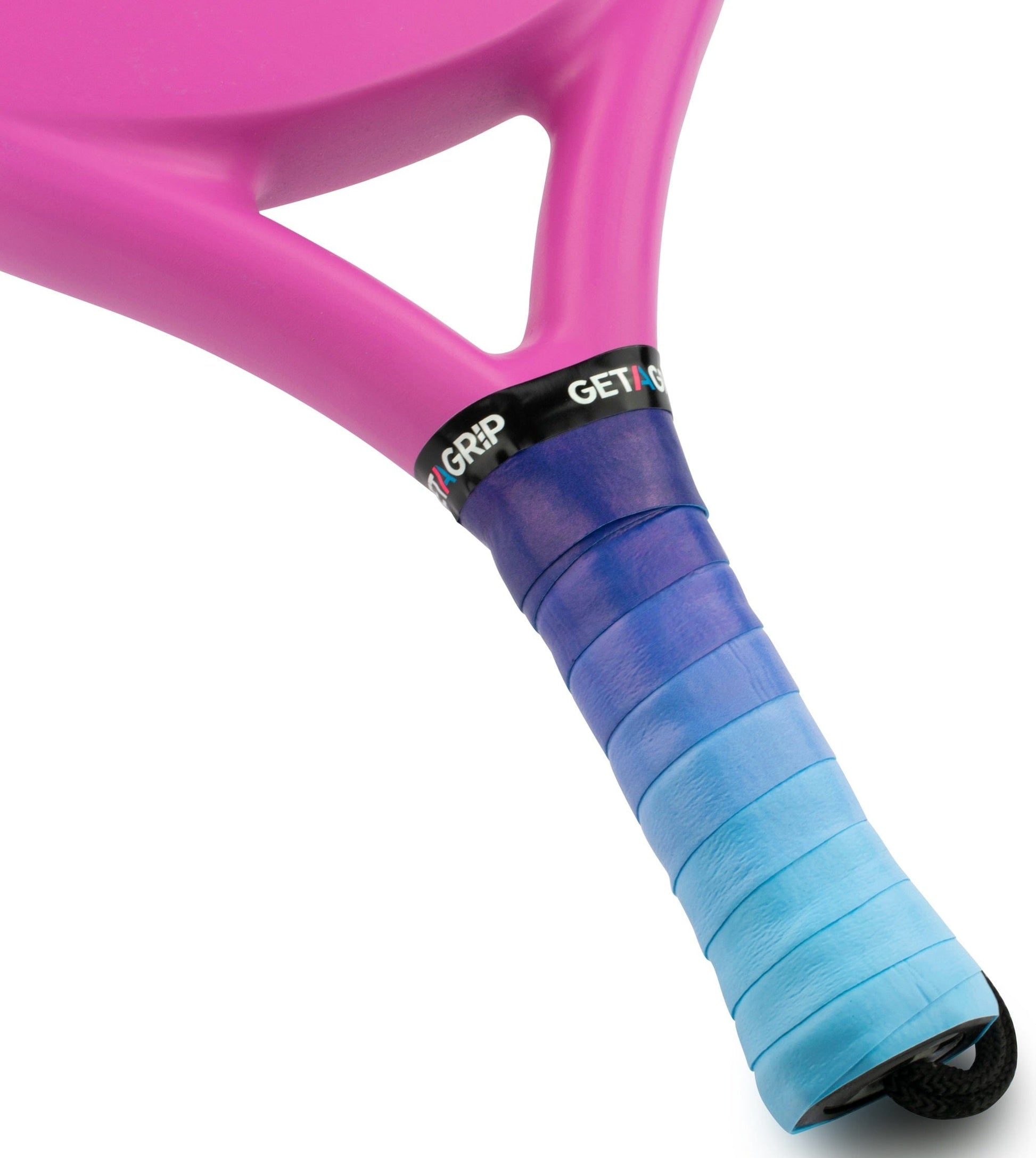Close-up of a Get a Grip Padel Overgrip - Wavy by Get A Grip, featuring a dark-to-light blue gradient on the handle and “GET A GRIP” on the black band. The bright pink frame makes it an ideal padel gift for enthusiasts.