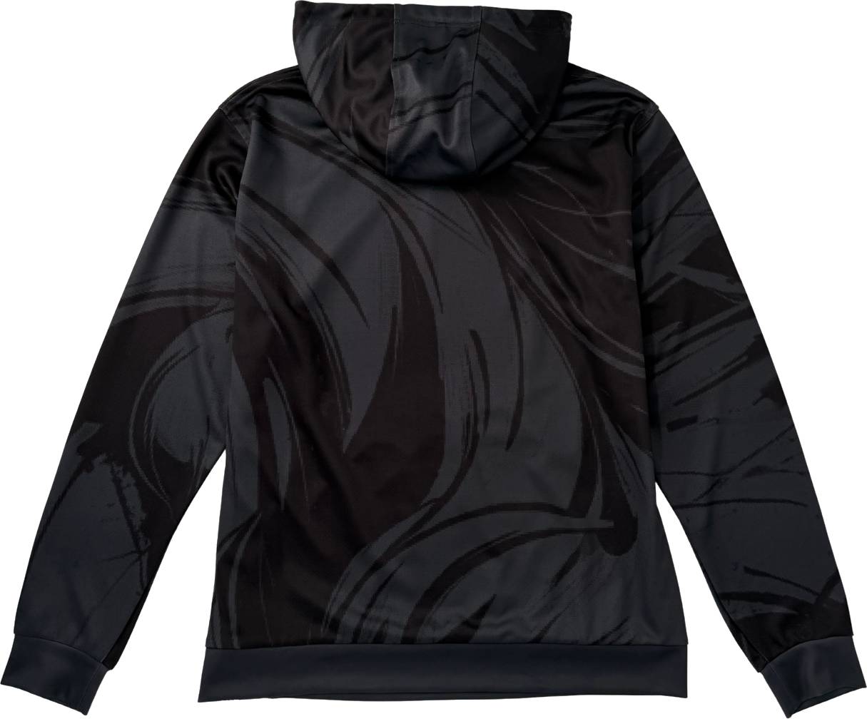 The Yonex YHD6 Unisex Padel Hoodie - Storm, shown from the back, is a black hoodie featuring subtle dark gray swirling patterns. This Yonex padel hoodie has long sleeves with ribbed cuffs and a ribbed waistband, making it an ideal unisex layer for warming up.