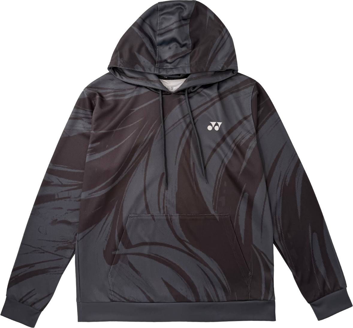 The Yonex YHD6 Unisex Padel Hoodie - Storm features a black and dark gray abstract swirl pattern, a front kangaroo pocket, and a small white Yonex logo on the left chest. This versatile hoodie is perfect as a warm-up layer for your next padel match.