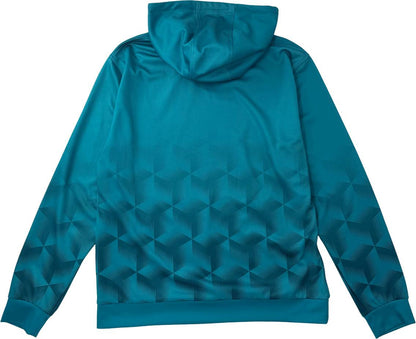A rear view of the Yonex YHD7 Unisex Padel Hoodie in teal, displaying a geometric cube pattern that intensifies toward the lower half and sleeves. The hood is worn up, highlighting the smooth, subtly lustrous fabric characteristic of premium Yonex Team Apparel.