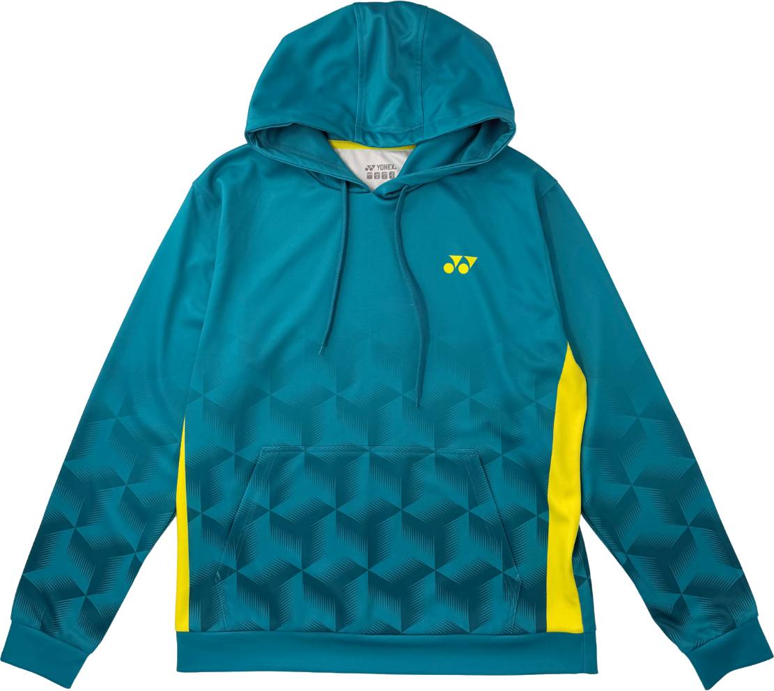 Introducing the Yonex YHD7 Unisex Padel Hoodie in Teal, featuring a striking geometric pattern, yellow side panels, a convenient front pocket, and a subtle yellow Yonex logo on the left chest. This standout piece from the Yonex Team Apparel collection is designed with a drawstring hood and long sleeves for both style and comfort.