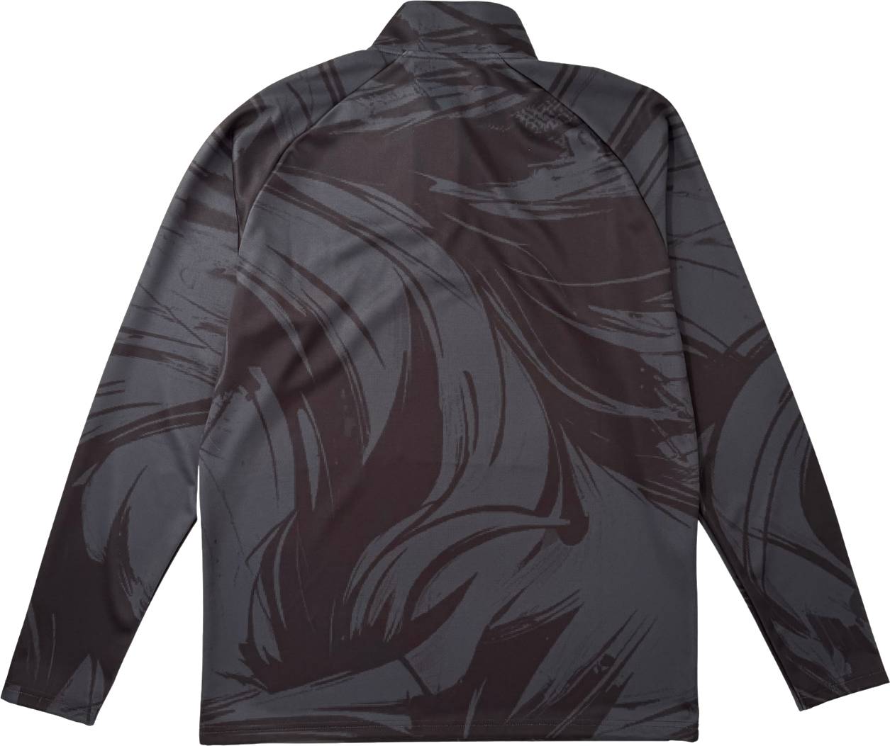 The Yonex YML6 Unisex Padel Midlayer - Storm features a long-sleeve, high-collared design with a black and dark gray abstract swirl pattern, shown from the back.