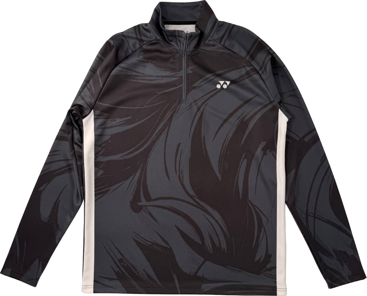 The Yonex YML6 Unisex Padel Midlayer - Storm is a long-sleeve athletic pullover by Yonex, featuring a quarter-zip design. It comes in black with dark abstract patterns, accented by white stripes on the sides and a small white logo on the left chest.