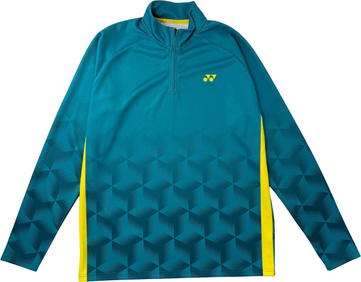The Yonex YML7 Unisex Padel Midlayer in teal features long sleeves, a quarter zip, yellow side accents, a geometric pattern on the lower half, and a small yellow Yonex logo on the left chest—combining style and performance for both on and off the court.