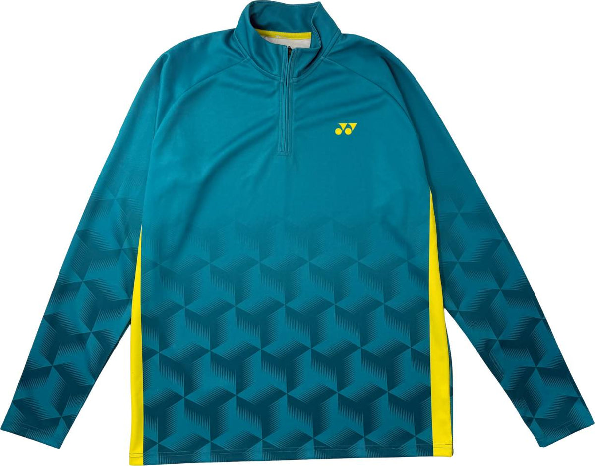 The Yonex YML7 Unisex Padel Midlayer in teal features long sleeves, a quarter zip, yellow side accents, a geometric pattern on the lower half, and a small yellow Yonex logo on the left chest—combining style and performance for both on and off the court.