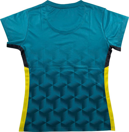 The Yonex YTL12 Womens Padel T-Shirt in teal, shown from the back, features a striking geometric cube pattern and yellow vertical side panels—perfect for those who want both performance and style in Yonex team apparel.