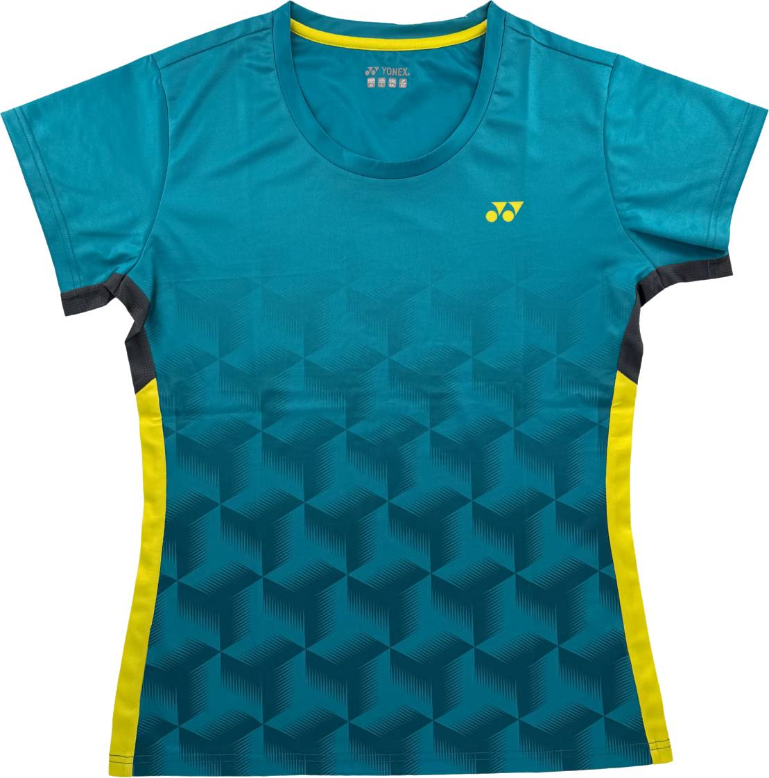 Sporting a vibrant teal base with a geometric cube design, yellow side panels, sleek black accents, and a subtle yellow chest logo, the Yonex YTL12 Womens Padel T-Shirt blends eye-catching style with athletic comfort. Ideal for your Yonex team apparel collection, this women’s padel shirt delivers both performance and flair on court.