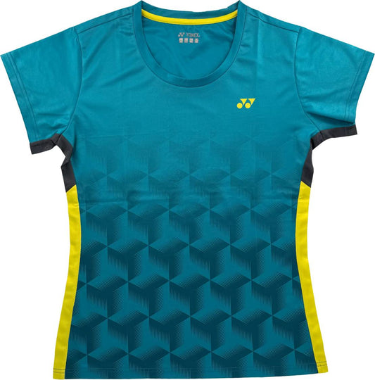 Sporting a vibrant teal base with a geometric cube design, yellow side panels, sleek black accents, and a subtle yellow chest logo, the Yonex YTL12 Womens Padel T-Shirt blends eye-catching style with athletic comfort. Ideal for your Yonex team apparel collection, this women’s padel shirt delivers both performance and flair on court.