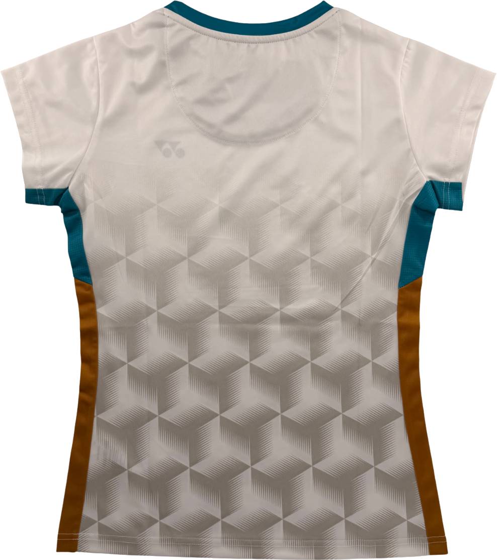 Back view of the Yonex YTL12 Womens Padel T-Shirt - White, showcasing a geometric cube pattern with teal accents on the sleeves and collar, and brown side panels. Part of the Yonex team apparel collection, this Yonex women’s padel shirt is set against a white background with a subtle Yonex logo on the upper left.