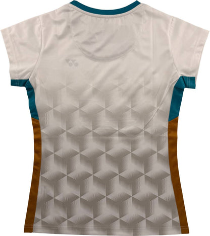 Back view of the Yonex YTL12 Womens Padel T-Shirt - White, showcasing a geometric cube pattern with teal accents on the sleeves and collar, and brown side panels. Part of the Yonex team apparel collection, this Yonex women’s padel shirt is set against a white background with a subtle Yonex logo on the upper left.