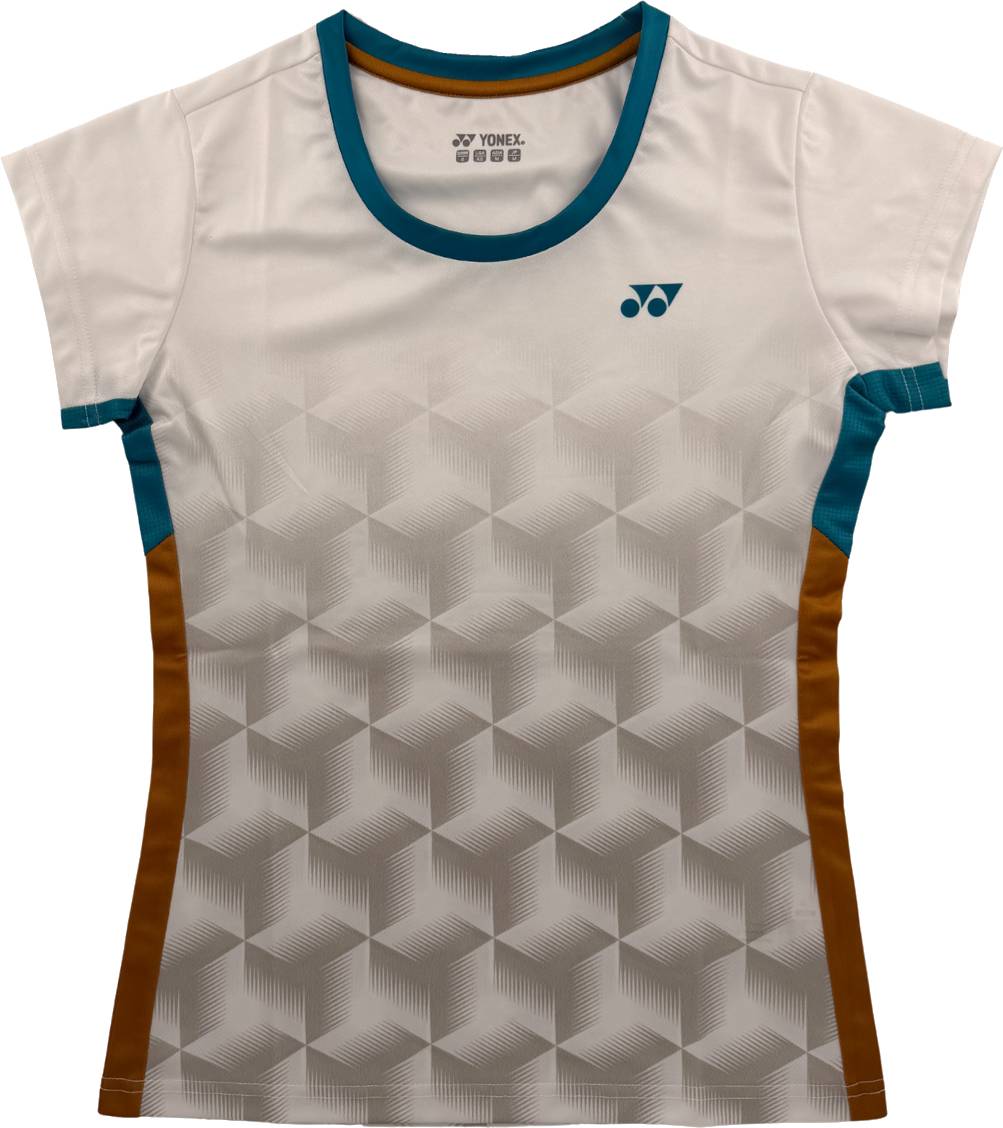 The Yonex YTL12 Womens Padel T-Shirt in White features a short-sleeved design with a striking geometric gray pattern, complemented by a teal collar and side accents, as well as brown side panels on a crisp white background. Combining stylish design with the trusted quality of Yonex team apparel, this Yonex padel shirt is perfect for women seeking both performance and comfort on the court.