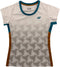 The Yonex YTL12 Womens Padel T-Shirt in White features a short-sleeved design with a striking geometric gray pattern, complemented by a teal collar and side accents, as well as brown side panels on a crisp white background. Combining stylish design with the trusted quality of Yonex team apparel, this Yonex padel shirt is perfect for women seeking both performance and comfort on the court.