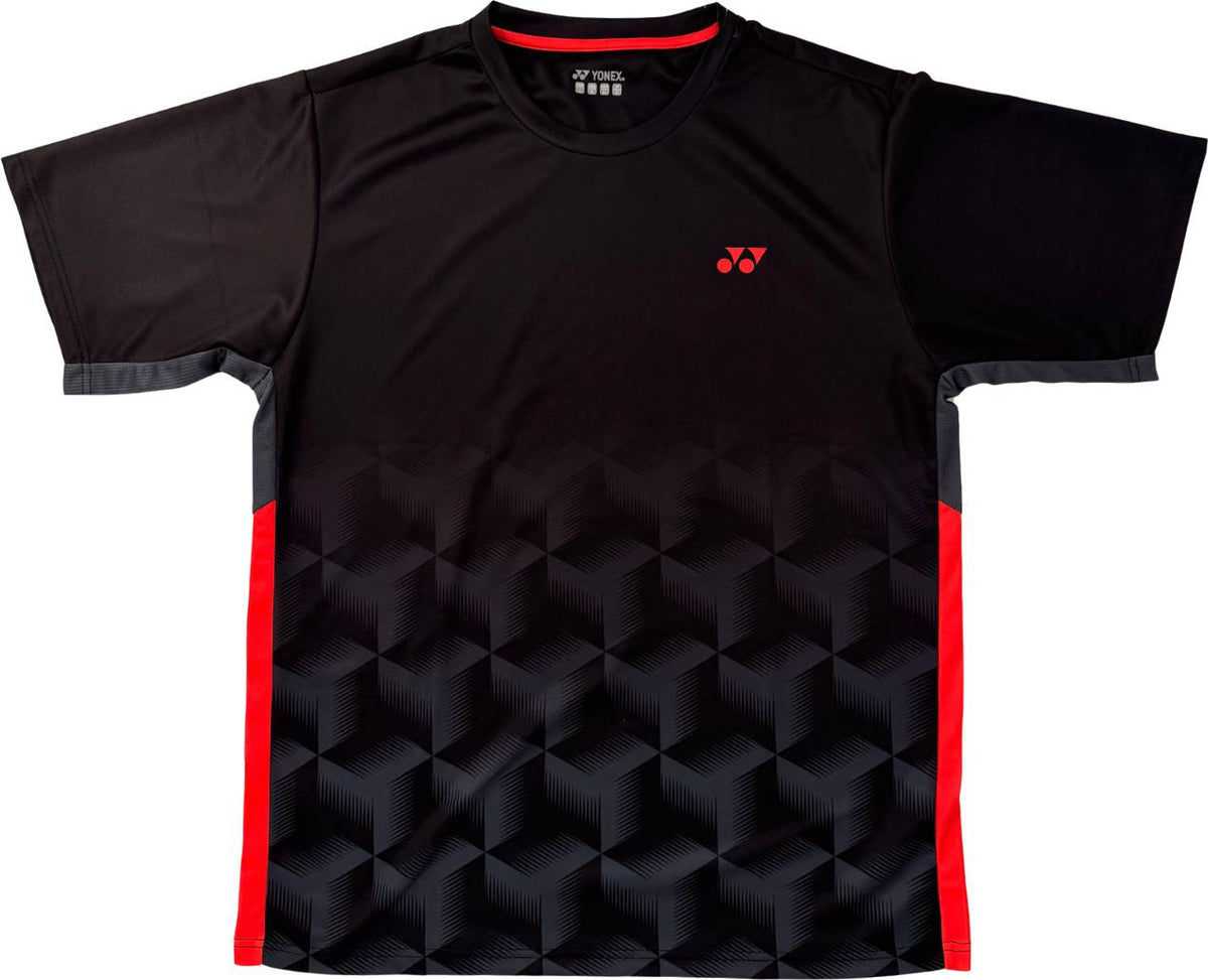 Introducing the Yonex YTM12 Mens Padel T-Shirt in black—featuring sleek red side panels, a geometric cube design on the lower half, and a subtle red Yonex logo on the chest. Combining sporty comfort with standout performance, this stylish t-shirt from Yonex is ideal for every match.