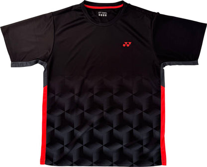 Introducing the Yonex YTM12 Mens Padel T-Shirt in black—featuring sleek red side panels, a geometric cube design on the lower half, and a subtle red Yonex logo on the chest. Combining sporty comfort with standout performance, this stylish t-shirt from Yonex is ideal for every match.