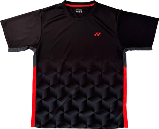 Introducing the Yonex YTM12 Mens Padel T-Shirt in black—featuring sleek red side panels, a geometric cube design on the lower half, and a subtle red Yonex logo on the chest. Combining sporty comfort with standout performance, this stylish t-shirt from Yonex is ideal for every match.