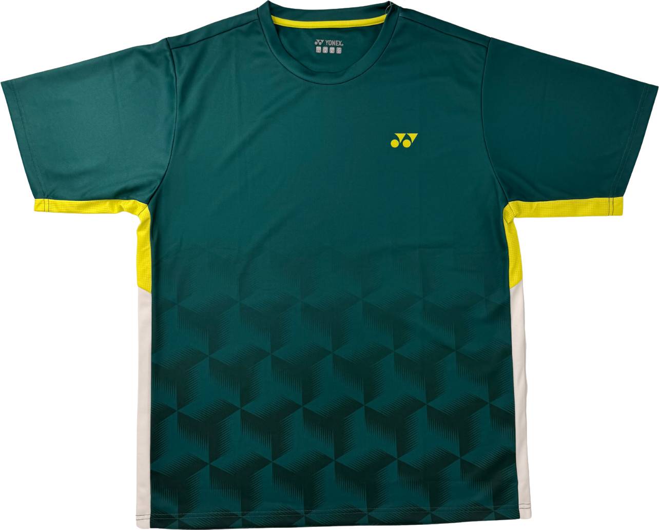 A dark teal short-sleeve sports shirt featuring yellow accents, a small yellow Yonex logo on the chest, and a subtle geometric pattern at the bottom, the Yonex YTM12 Mens Padel T-Shirt blends style and performance for padel players. This high-quality men’s t-shirt from Yonex ensures both comfort and distinctive design on the court.