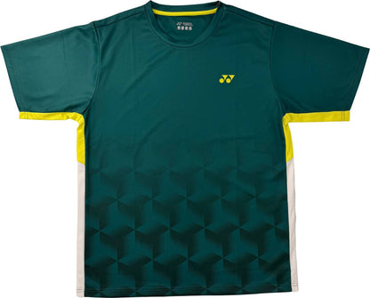 A dark teal short-sleeve sports shirt featuring yellow accents, a small yellow Yonex logo on the chest, and a subtle geometric pattern at the bottom, the Yonex YTM12 Mens Padel T-Shirt blends style and performance for padel players. This high-quality men’s t-shirt from Yonex ensures both comfort and distinctive design on the court.