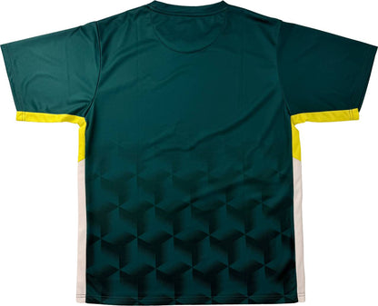The Yonex YTM12 Mens Padel T-Shirt in Dark Teal is a short-sleeved sports jersey featuring a geometric pattern, yellow side accents, and white lower side panels, shown from the back. This Yonex men’s padel t-shirt offers both style and performance—an excellent addition to any athletic wardrobe.
