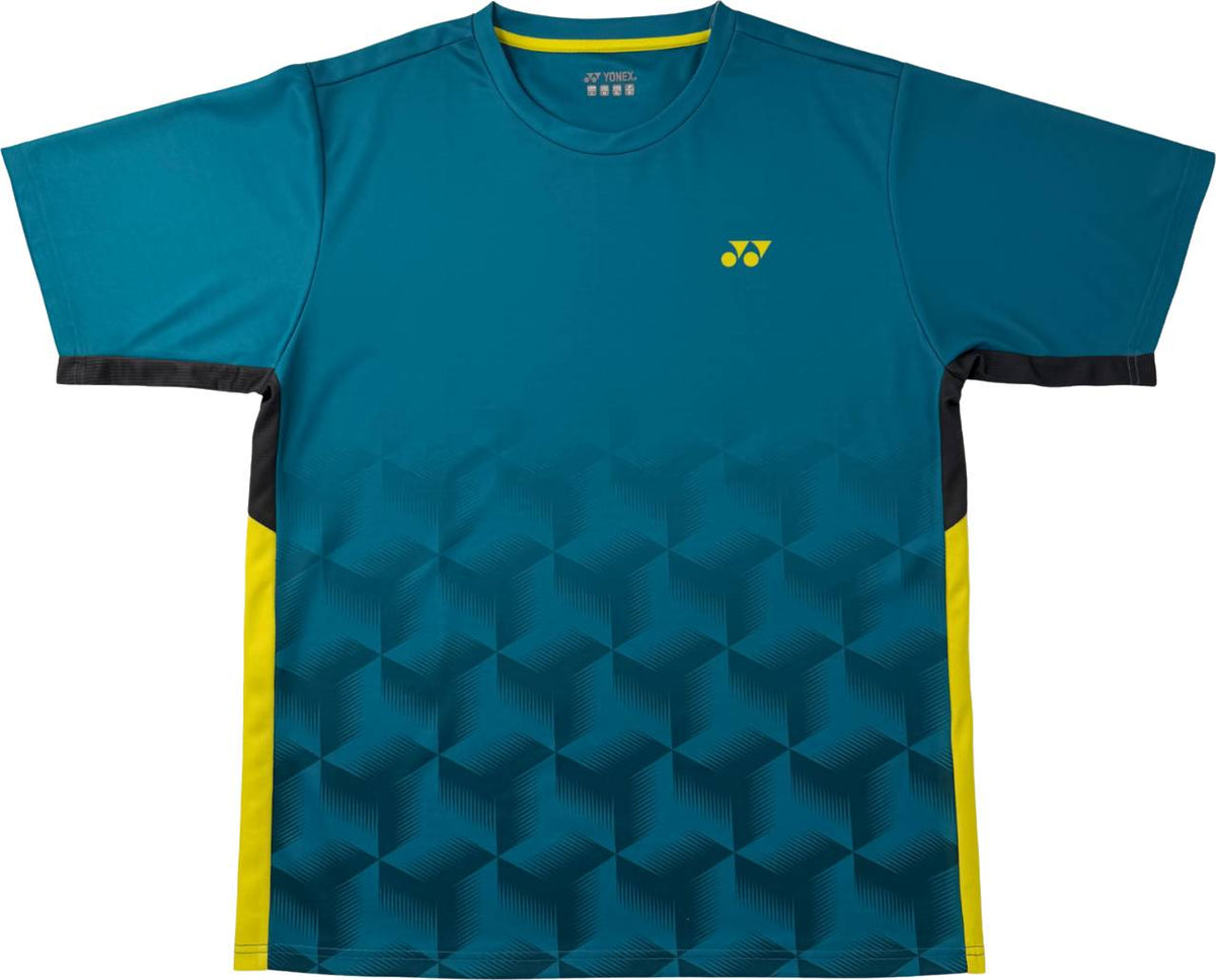 The Yonex YTM12 Mens Padel T-Shirt - Teal features short sleeves, a striking black geometric cube pattern, yellow side panels, and a small yellow Yonex logo on the left chest. Part of the latest Yonex team apparel collection, it is expertly designed to deliver both style and performance on and off the padel court.