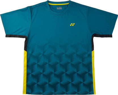 The Yonex YTM12 Mens Padel T-Shirt - Teal features short sleeves, a striking black geometric cube pattern, yellow side panels, and a small yellow Yonex logo on the left chest. Part of the latest Yonex team apparel collection, it is expertly designed to deliver both style and performance on and off the padel court.