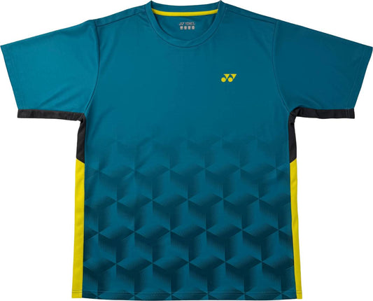 The Yonex YTM12 Mens Padel T-Shirt - Teal features short sleeves, a striking black geometric cube pattern, yellow side panels, and a small yellow Yonex logo on the left chest. Part of the latest Yonex team apparel collection, it is expertly designed to deliver both style and performance on and off the padel court.