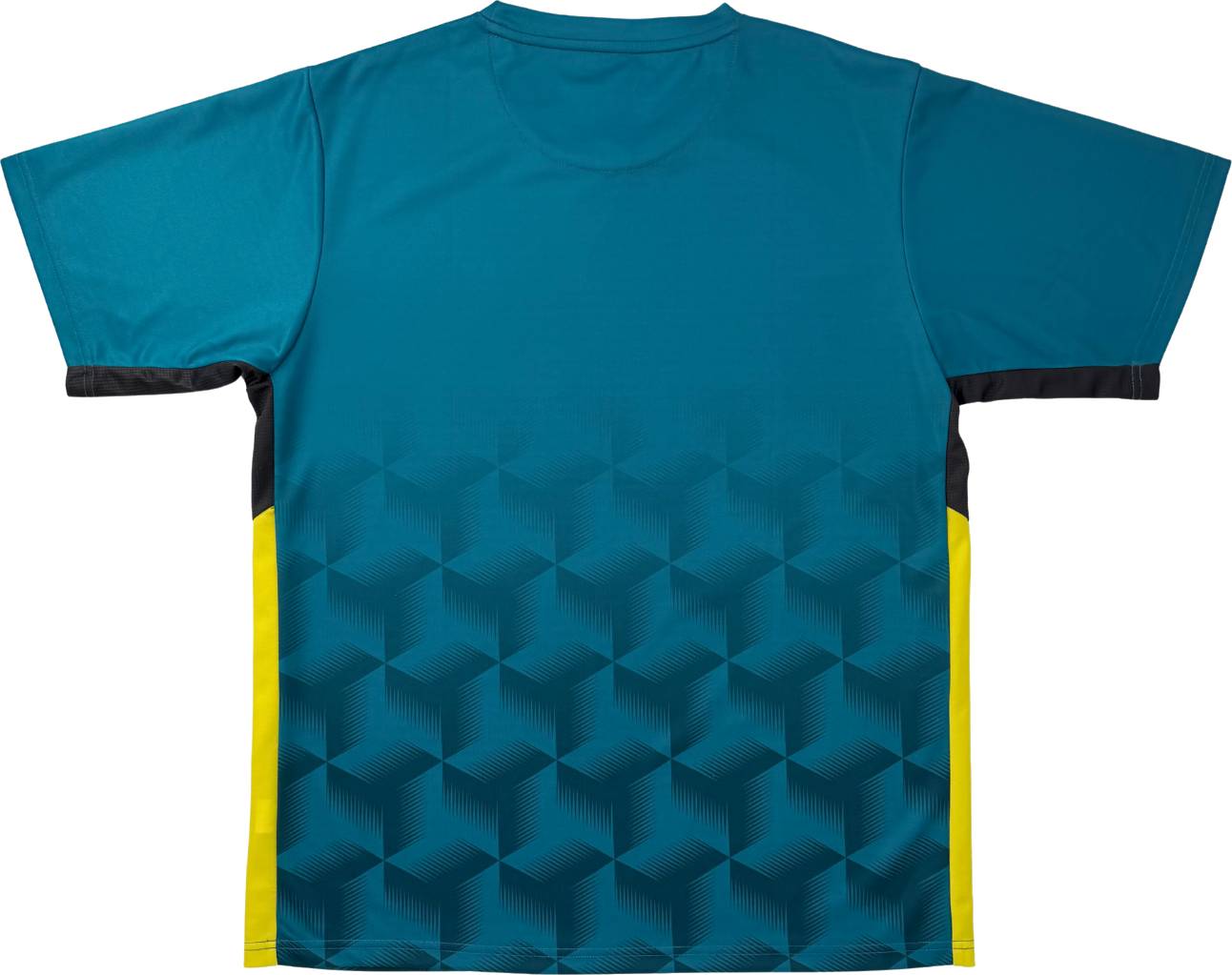The Yonex YTM12 Mens Padel T-Shirt in Teal is an athletic shirt from Yonex, featuring black geometric patterns on the lower back and yellow side panels, as seen from the back. Ideal for those looking for comfortable and stylish Yonex team apparel in a men’s padel shirt.