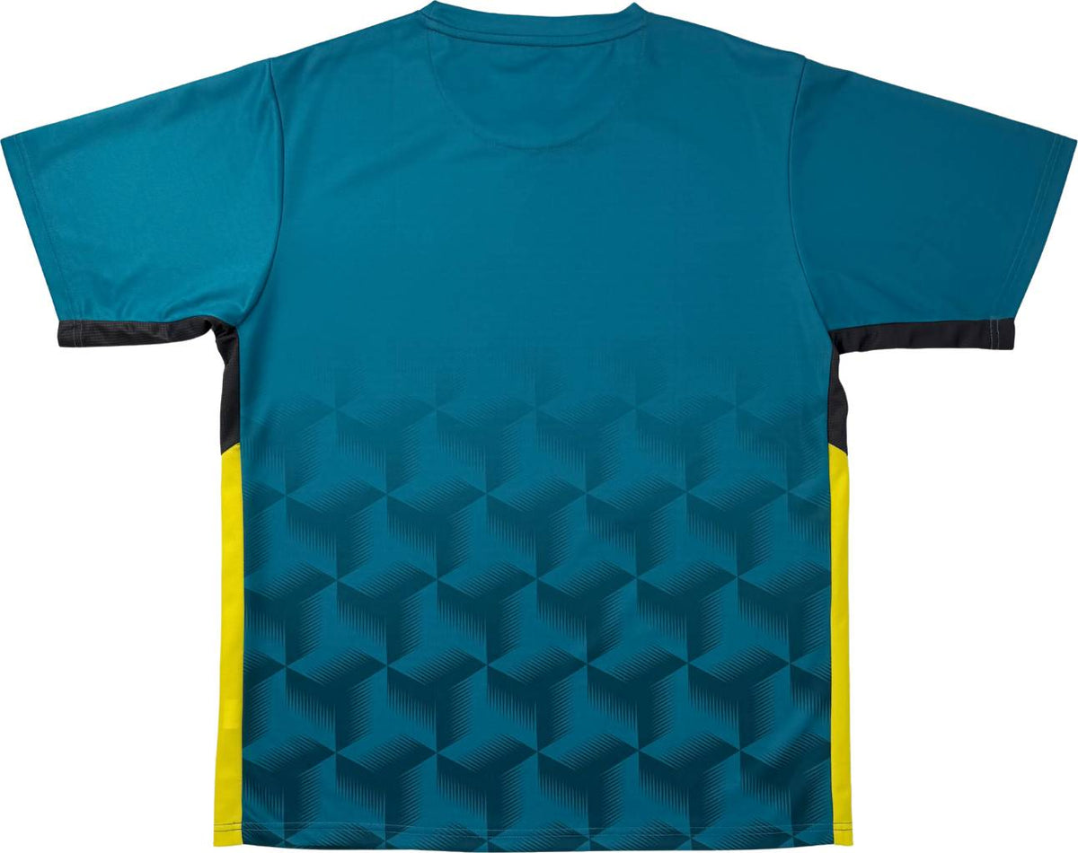 The Yonex YTM12 Mens Padel T-Shirt in Teal is an athletic shirt from Yonex, featuring black geometric patterns on the lower back and yellow side panels, as seen from the back. Ideal for those looking for comfortable and stylish Yonex team apparel in a men’s padel shirt.