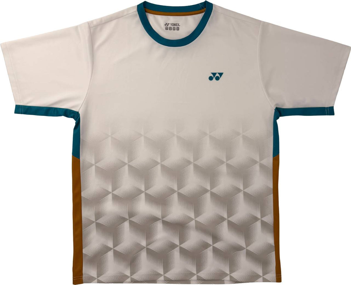 The Yonex YTM12 Men’s Padel T-Shirt in White features short sleeves, a geometric cube pattern, teal trim on the collar and sleeves, and brown accents along the sides. A small blue logo decorates the chest, highlighting its identity as a premium Yonex team piece—an ideal choice for padel enthusiasts who value stylish, high-quality apparel from Yonex.