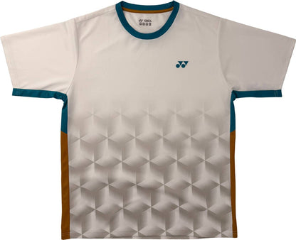 The Yonex YTM12 Men’s Padel T-Shirt in White features short sleeves, a geometric cube pattern, teal trim on the collar and sleeves, and brown accents along the sides. A small blue logo decorates the chest, highlighting its identity as a premium Yonex team piece—an ideal choice for padel enthusiasts who value stylish, high-quality apparel from Yonex.
