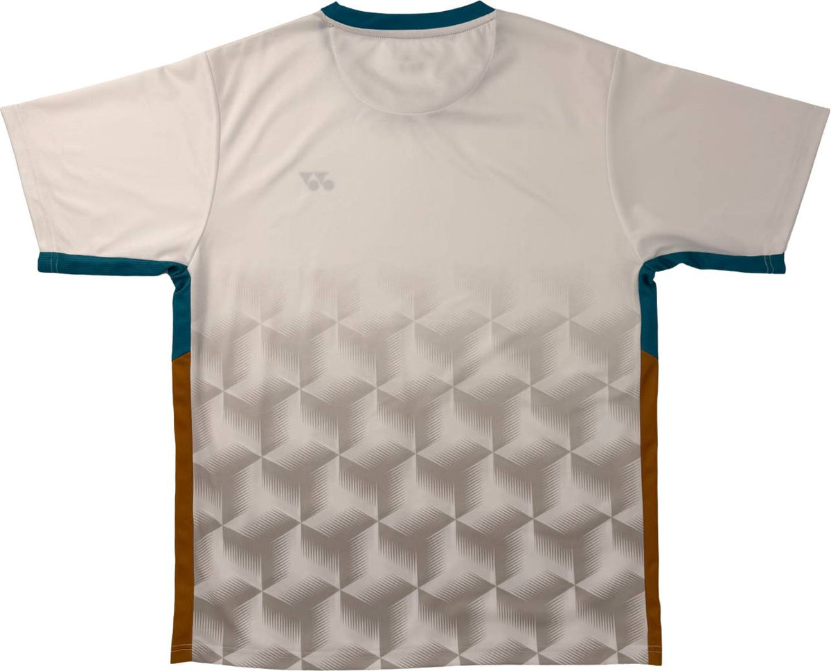 The Yonex YTM12 Men’s Padel T-Shirt - White is a short-sleeved sports jersey inspired by Yonex team apparel, featuring a light beige base, geometric cube pattern on the lower back, teal accents on the collar and sleeve edges, and brown side panels—making it a stylish and versatile choice for padel enthusiasts.