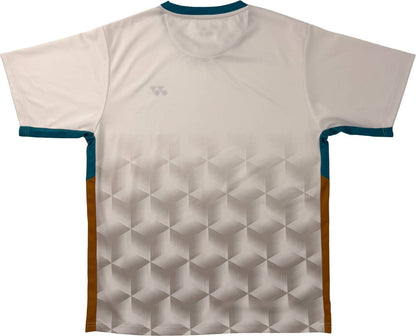 The Yonex YTM12 Men’s Padel T-Shirt - White is a short-sleeved sports jersey inspired by Yonex team apparel, featuring a light beige base, geometric cube pattern on the lower back, teal accents on the collar and sleeve edges, and brown side panels—making it a stylish and versatile choice for padel enthusiasts.