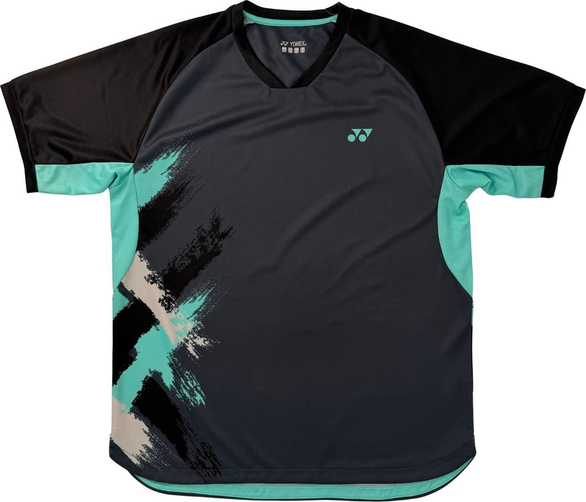 The Yonex YTM13 Mens Padel T-Shirt - Storm by Yonex is a short-sleeved athletic shirt featuring black sleeves, a dark gray body, and aqua green side panels for maximum performance on the padel court. A dynamic brushstroke design in aqua, cream, and black sweeps across the left side of the shirt, highlighted by a small white Yonex logo on the upper left chest. This versatile top is ideal as an on-court shirt or stylish Yonex padel t-shirt for men seeking comfort and standout style during play.