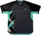 The Yonex YTM13 Mens Padel T-Shirt - Storm by Yonex is a short-sleeved athletic shirt featuring black sleeves, a dark gray body, and aqua green side panels for maximum performance on the padel court. A dynamic brushstroke design in aqua, cream, and black sweeps across the left side of the shirt, highlighted by a small white Yonex logo on the upper left chest. This versatile top is ideal as an on-court shirt or stylish Yonex padel t-shirt for men seeking comfort and standout style during play.