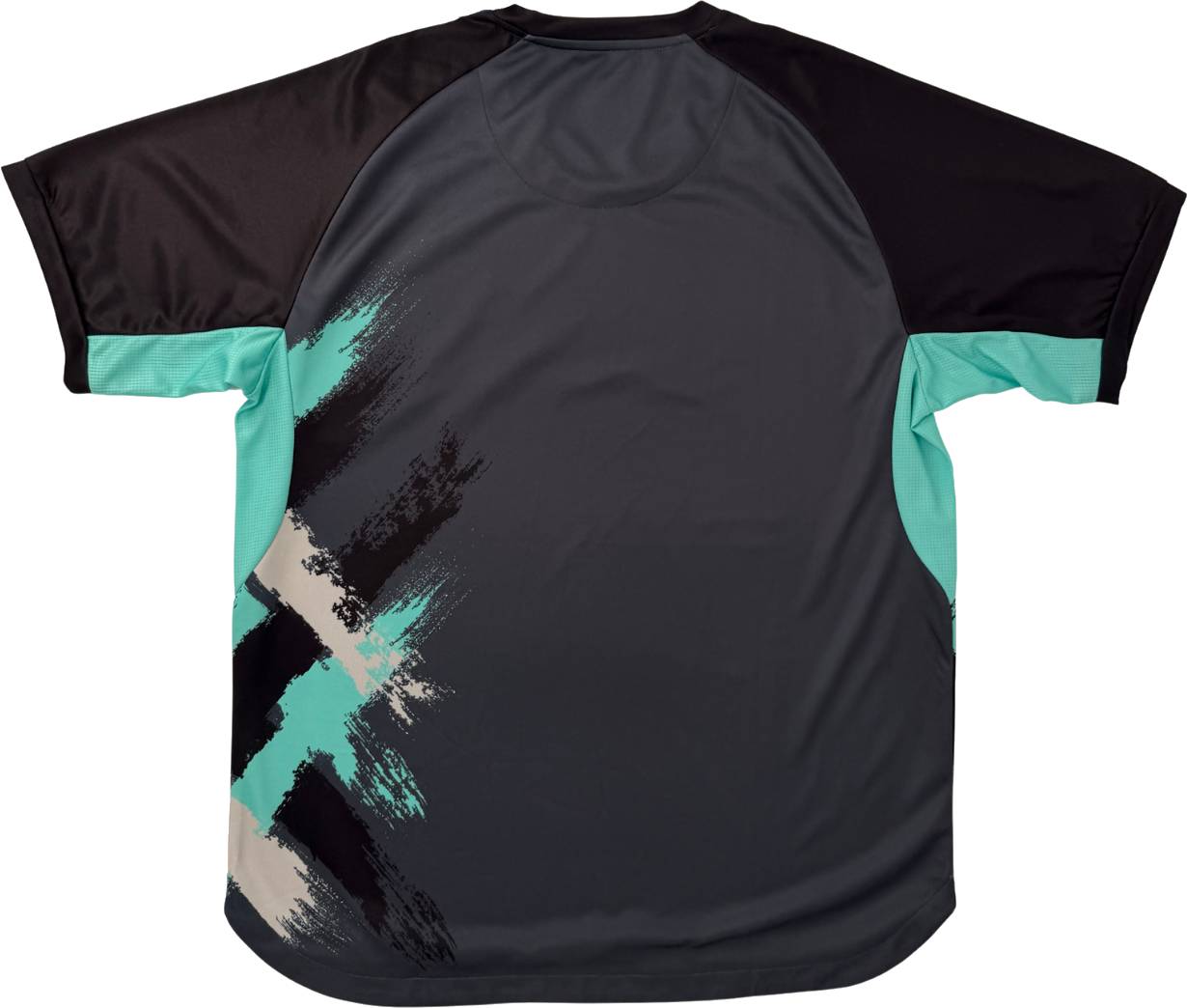 The Yonex YTM13 Men’s Padel T-Shirt - Storm features short sleeves with black accents, a dark gray back, teal side panels, and striking teal, cream, and black brushstroke designs on the lower left side. This Yonex shirt is the perfect choice for men who want both comfort and style during padel matches.