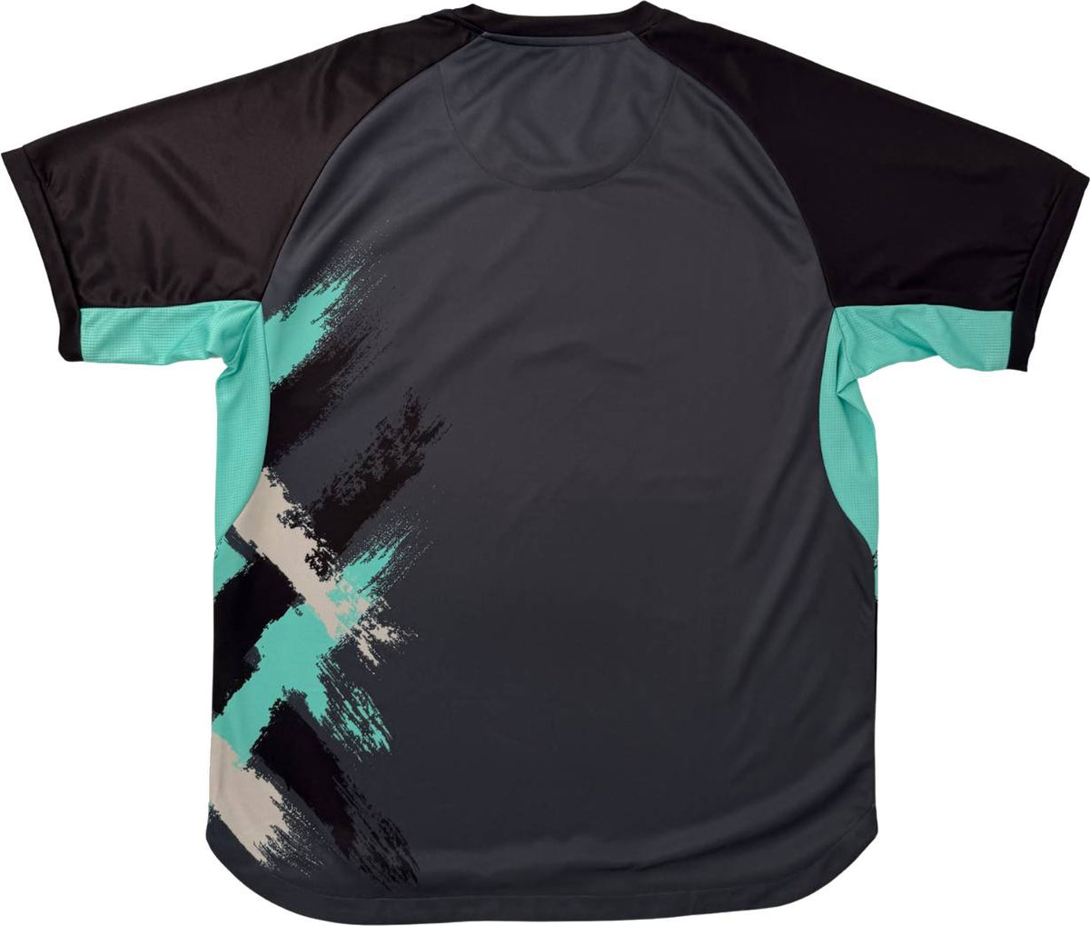 The Yonex YTM13 Men’s Padel T-Shirt - Storm features short sleeves with black accents, a dark gray back, teal side panels, and striking teal, cream, and black brushstroke designs on the lower left side. This Yonex shirt is the perfect choice for men who want both comfort and style during padel matches.