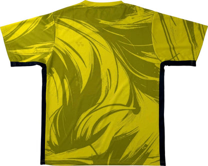 A lime yellow short-sleeve Yonex YTM14 Mens Padel T-Shirt featuring abstract, dark swirling patterns on the back and sleek black side panels. This shirt from Yonex offers a dynamic design and premium comfort, making it perfect for both practice sessions and match days.