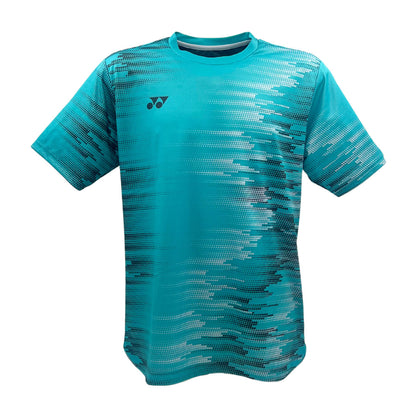 The Yonex YTM7 Men's Padel T-Shirt - Teal combines style and breathability with its vibrant teal color accented by light and dark gray pixelated lines. Made from moisture-wicking polyester, it features a small black logo on the left chest.